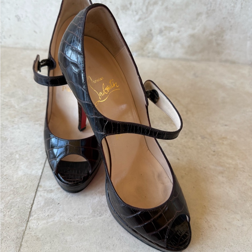 Christian Louboutin Brown Croc-Embossed Peep Toe Heels
